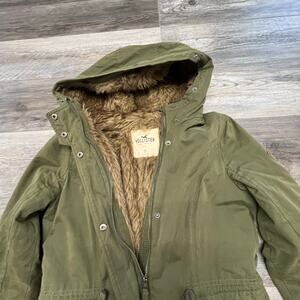 Hollister Army Green Women S Full Zip Faux Fur Lined Hooded Parka Coat Y2K 2000s